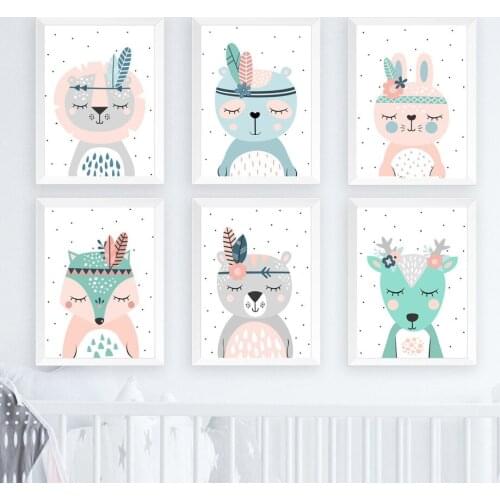 Cartoon Bear Rabbit Fox Lion Deer Nursery Wall Art Canvas Painting Nordic Posters And Prints Wall Pictures Baby Kids Room Decor