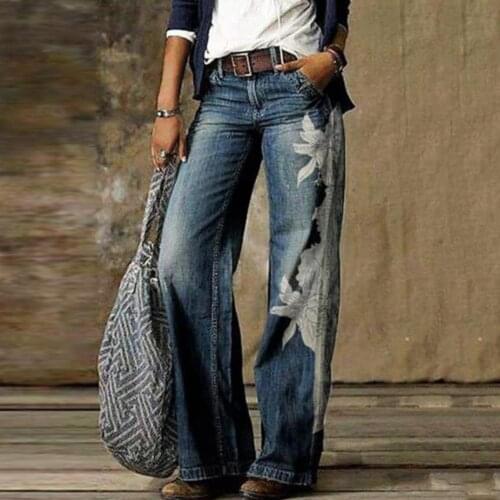 Plus Size Casual Loose Jeans Women 2021 Autumn Winter Elegant Floral Print Denim Pants Vintage Ladies Wide Leg Jean Trousers 3XL