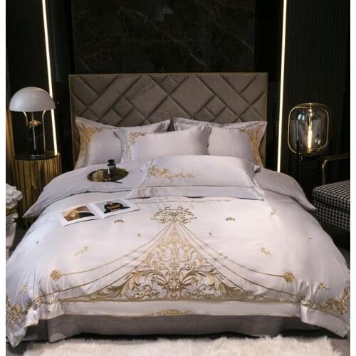 Luxury Silver Gray Satin Cotton Embroidery Bedding Set Soft Silky Double Duvet Cover Set Bed Linen Fitted Sheet Pillowcases 4Pcs
