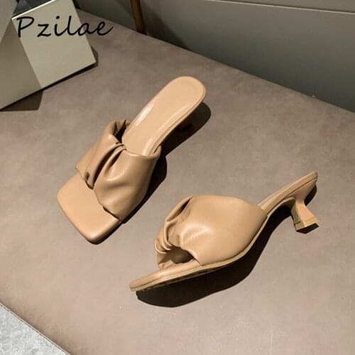 Pzilae new fashion women summer slippers sexy square toe med heel slippers women outdoor casual slides party dress shoes beige