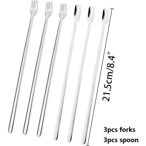 6pcs Korean Fruit Forks Stainless Steel Long Handle Salad Dessert Cocktail Forks Spoon Three Time Serving Pickle Fork Dinnerware