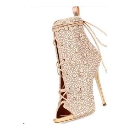 Champagne/silver colors spring autumn lace up peep toe women ankle boots super high heels crystals charming short boots 35-42