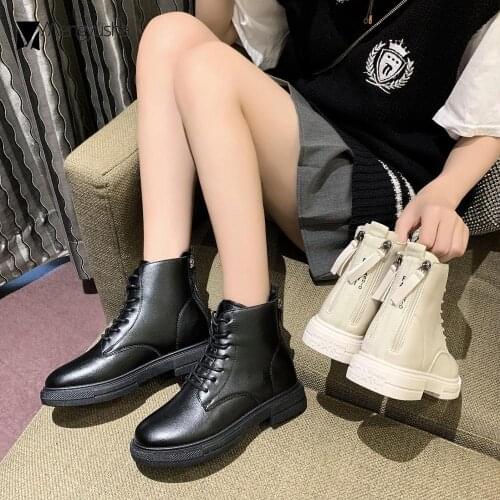 Student Two style lace up riding boots women platform shoes low heels ankle botines mujer plush british double zipper botas 2020