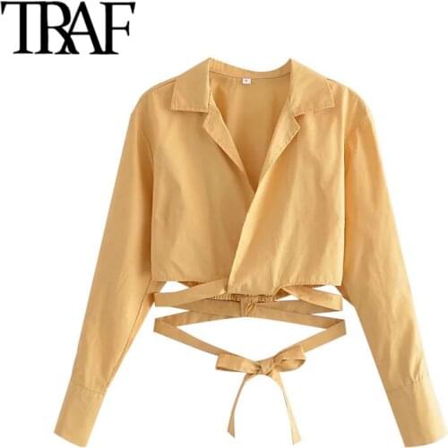 TRAF Women Fashion With Tied Cropped Blouses Vintage Long Sleeve Crossover Female Shirts Blusas Chic Tops