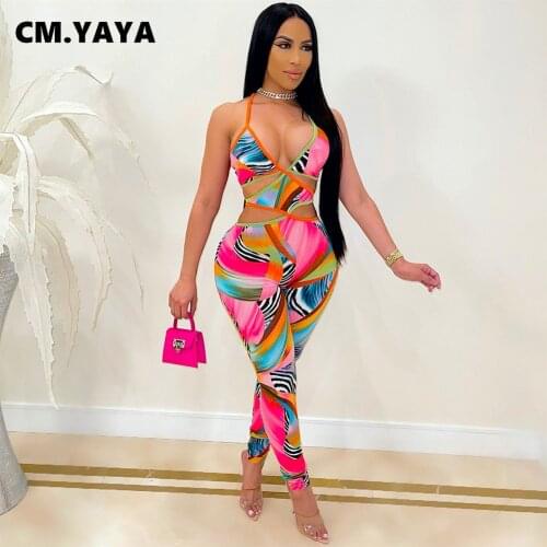 CM.YAYA Women Jumpsuit Print Sleeveless Strap V-neck Hollow Out Stretchy Bodycon Pencil Jumpsuits Sexy Fashion Streetwear Summer