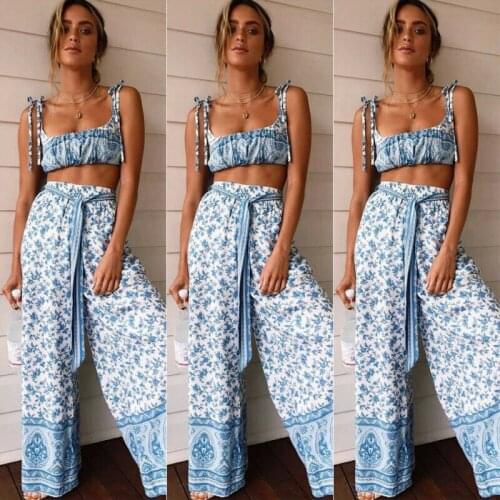 2 Piece Outfit Set Jumpsuit Women 2020 Summer New Fashion Rompers Jumpsuit Overalls For Women Long Pants + Sleeveless Crop Tops