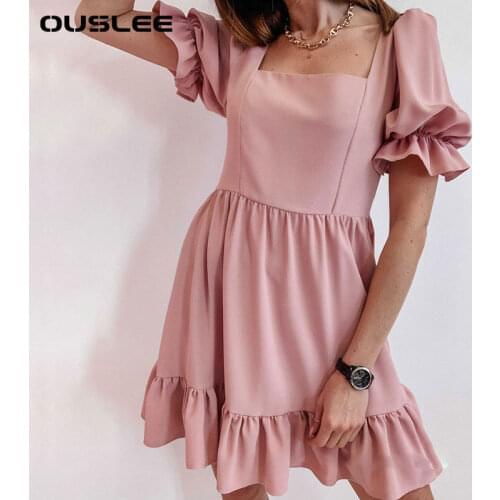 Ouslee Summer Spring Women Ruffle Mini Dress Square Collar Party Dress Short Sleeve Casual A-LINE Solid Beach Dress Women