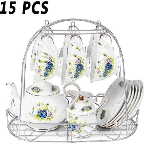 15pcs Pink Blue Rose Fine Bone China Pottery Porcelain Elegant Coffee Tea Pot Cup Plate Sugar Milk Cup Set Gifts