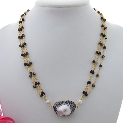19" 3 Strands White Keshi Pearl onyx chain Necklace