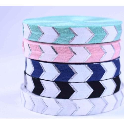5 colors,5/8" silver foil chevron printed FOE Elastic Ribbon for Hair Tie Head wear Hair Accessories,50yards per lot