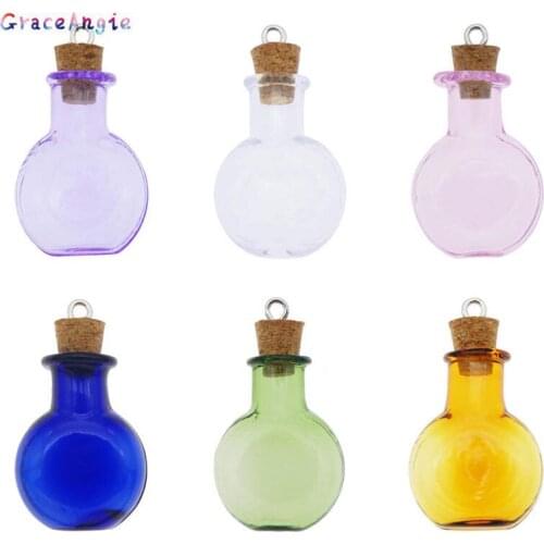 GraceAngie 6pcs Round Glass Bottle Pendant With Cork Wishing Bottle Glass Jar Vial For Necklace Charms Making Findings 34*20mm