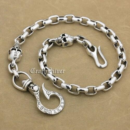 925 Sterling Silver Mens Biker Punk SKull KeyChain Fish Hook Wallet Chain 9N014WC