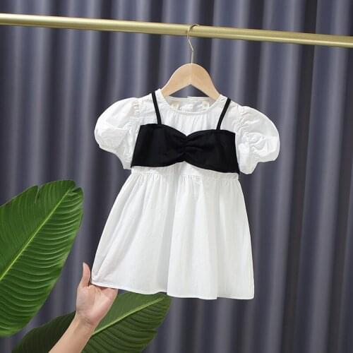 Children Dresses Baby Girl Clothes Kids Short Sleeve Princess Dress 2021 Fashion False Two-piece Summer Dress Vestidos 3 Colors