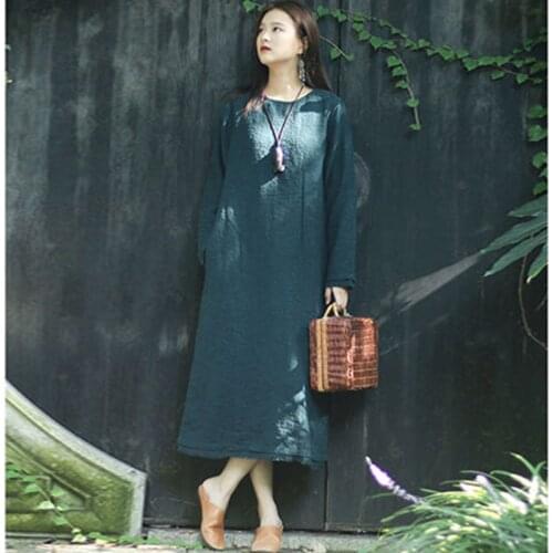 SCUWLINEN 2020 Spring Autumn Dresses Solid Loose Jacquard Embroidery Contrast Color Plate Button Long Linen Cotton Dress S658