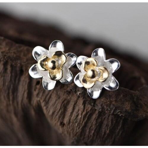FNJ Flower Earrings 925 Silver Original Pure S925 Sterling Silver Stud Earring Women Jewelry Gold Color