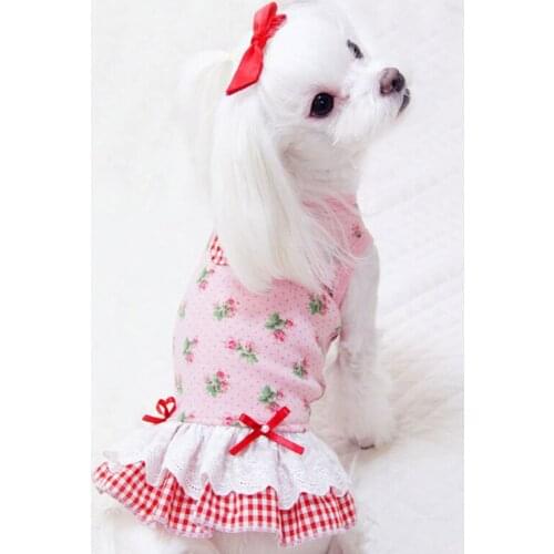 Cotton Plaid Dog Clothes for Spring Summer Rose Flower Princess Dress for Small Medium Dogs Puppy Sleeveless Skirt Pet Costumes