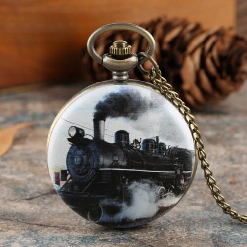 Collectibles Train Car Print Pendant Pocket Watch Fob Chain Necklace Mens Flip Retro Case Quartz Watch Hour Clock for Men Women