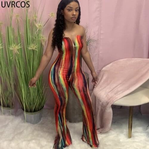 UVRCOS 2 Piece Set Women Clothes Summer Boho Pants New Fashion Streetwear Strapless Tie Dye Flare Pants Rompers Womens Jumpsuits