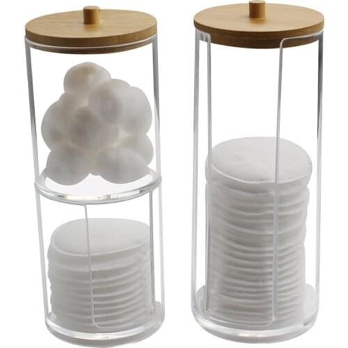 Cosmetic Containers Bathroom Organizer Qtip Holder Makeup Remover Cotton Brush Holder Bamboo Cover Transparent Storage Box