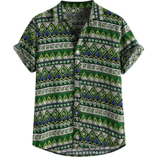 Summer Vintage Green Graphical Print T shirt Mens Fashion Casual Hawaiian Loose Short Sleeve Casual Buttons T shirt Vacation
