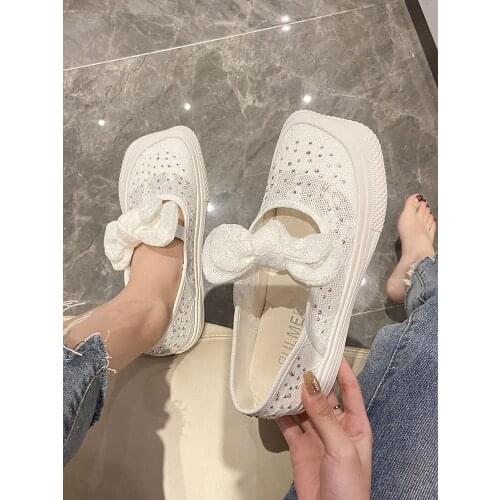 Summer ladies casual sports shoes new trend flat bottom square toe bow breathable mesh single shoes comfortable
