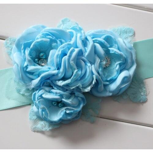Fashion Burn flower sash belt women belt kids girl sash belt Wedding sash Belt Blue 1pcs