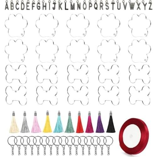 Acrylic Keychain Blank Acrylic Clear Ornament Pendants and Dog Bone Cat Paw Blank Keychain Tassels Jump Rings Set