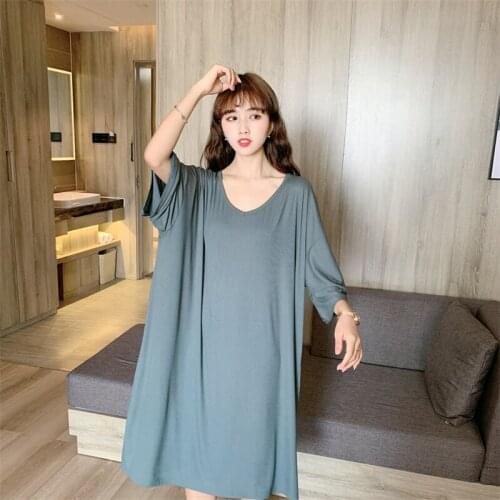Mid-sleeved nightdress female loose large size solid color simple пижама skirt casual home skirt spring summer dress nightgown