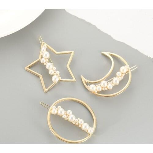 New Korea net red gold hairpin round bangs clip hairpin moon pearl five-pointed star hairpin jewelry wholesale