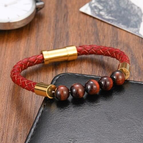 Wholesale Stainless Steel Mens Black Leather Volcanic Beaded Bracelet Stone Leather Bracelet Titanium Steel Mens Chakra Jewelr