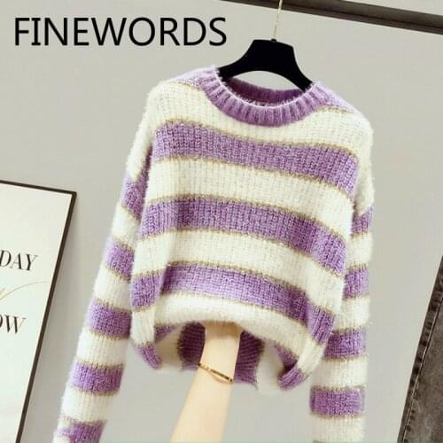 FINEWORDS O Neck Striped Knitted Sweater Korean 2020 Winter Casual Pullover Streetwear Loose Vintage Loose Knit Swetry Damskie