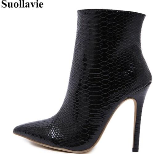 Suollavie hot women shoes fashion black Snake print boot wamen thin heel botas de mujer for women Rome stiletto office high heel