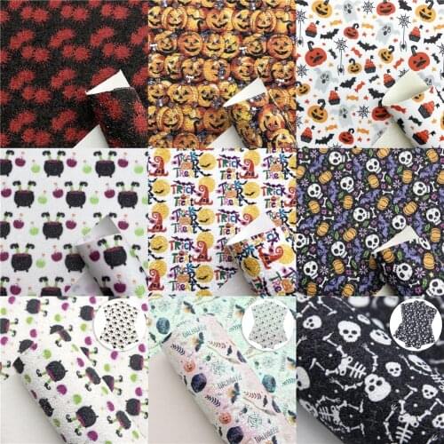 Shimmer Chunky Glitter Faux Leather Sheets Halloween Skull Pumpkin Printed Synthetic Leather Fabric 20x33cm for DIY Hair Bows