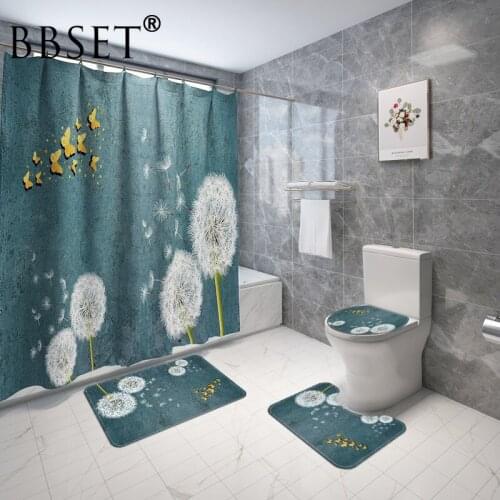 Dandelion and Butterfly Print Shower Curtain 4 Piece Toilet Lid Cover Anti-slip Soft Rugs Bath Mat Bathroom Set Home Decor