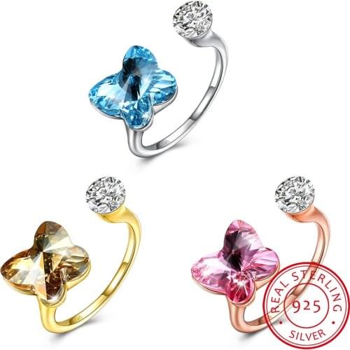 LEKANI Crystals Butterfly Rings For Women Fashion 925 sterling silver Luxury Resizable Ring Romantic Jewelry Gift