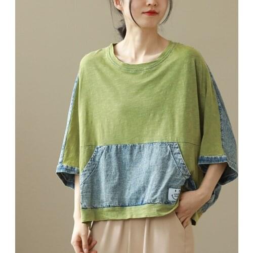 2021 Summer New Ladies Round Neck Pullover Denim Stitching Big Pocket Short Sleeve T-shirt Female Loose Casual Tops aq1139