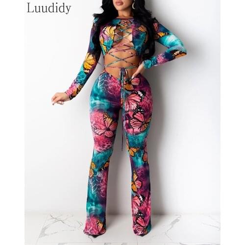 Women Butterfly Tie Dye Print Lace-up Front Cutout Jumpsuit
