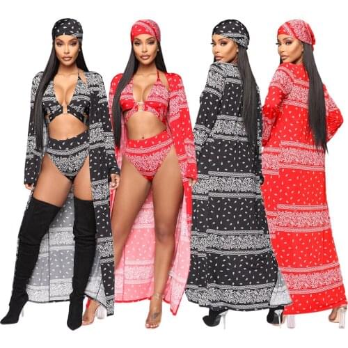 Donsignet Women Bikini Suit Sexy Womens Printed Swimsuit 4-piece Set Cover-Ups Women Fashion Sexy Bikini Sets Beach Dress