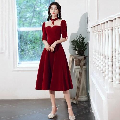 Elegant Burgundy Half Sleeve Velour Daily Evening Dress Women Back Zipper Formal Gowns Robe De Soiree Cheongsam 3XL