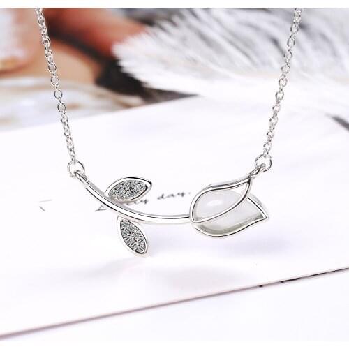 Delicate 925 Sterling Silver Rose Flower Leaf Opal Tassel Pendant Necklace for Women Clavicle Chain Zircon Necklace Jewelry