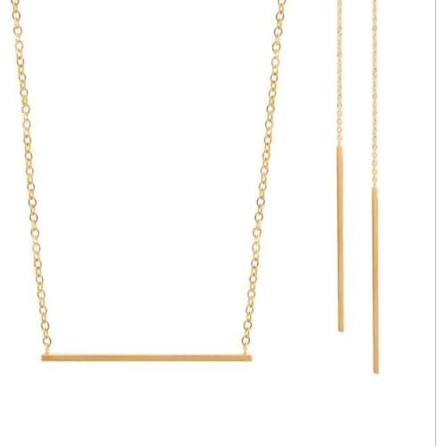 Stainless Steel Delicate Gold Color Skinny Bar Necklace with Bar Statement Earring Women Bar Jewelry Sets Simple Design