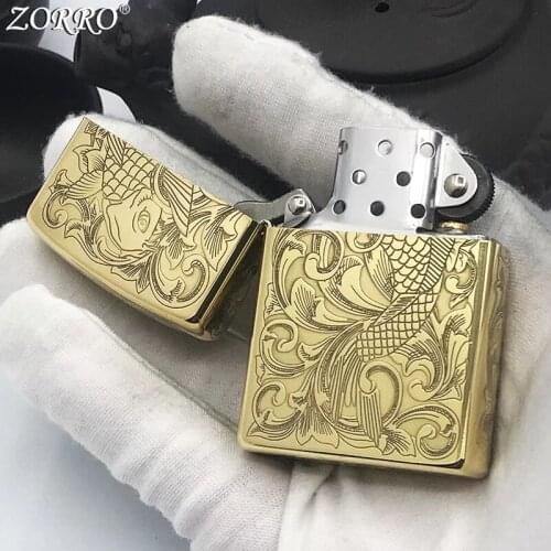 Zorro Kerosene Lighter Windproof Old Style Pure Copper Carving Fish Pattern Gasoline Lighter Men Gift Smoking Tool