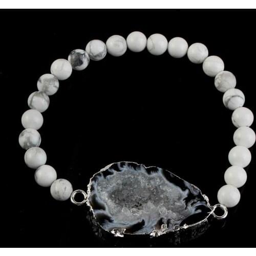 100-Unique 1 Pcs Silver Plated Irregular Shape Agates with White Turquoises Sone Round Beads Handmade Bracelets