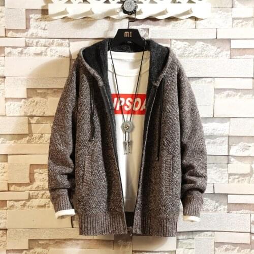 2021 Autumn Korean Hooded Mens Sweater with Thick and Velvet Mens Cardigan Knitted Sweater Coat Solid Jacket Male M-3XL 6602
