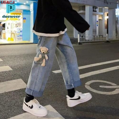 2021 Autumn Fashion High Street Jeans Men Casual Straigh Pants Cute Pocket Bear Oversize Harajuku Wide Leg Trousers Denim Pants
