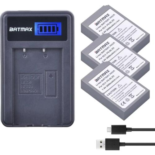 3Pc PS-bls5 BLS-5 BLS5 BLS 5 BLS-50 Battery +LCD USB Charger for Olympus OM-D E-M10, E-M10 III,E-PL2, E-PL5, E-PL6, E-PL8,E-PM2