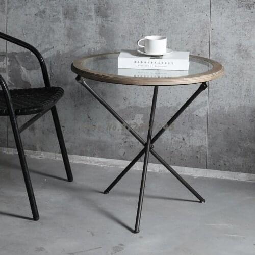 American Retro Industrial Style Iron Tea Table Solid Wood Oak Edge Small Round Table Living Room Corner Coffee Table