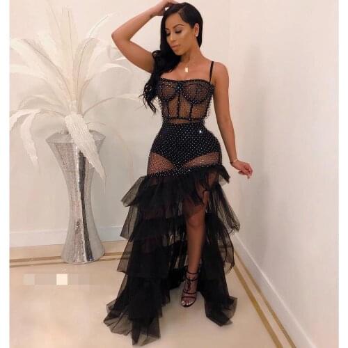 BKLD Sexy Summer Dress 2019 New Spaghetti Strap Dress Cascading Ruffles Mesh See Through Dress Party Clubwear S-3XL Plus Size