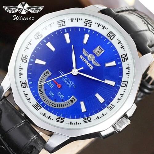 Winner Sport Fashion Blue Design Irregular Shape Calendar Mechanical Automatic Watches for Men Top Brand Luxury Luminous Hands