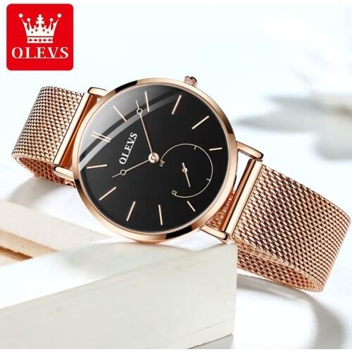 OLEVS Luxury Rose Gold Watch Ladies Bracelet Watch Top Brand Ladies Casual Quartz Watch Steel Ladies Black Dial Waterproof Clock